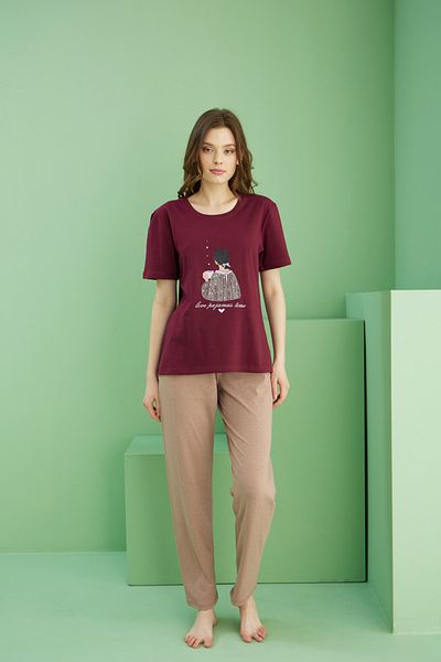 Siyah İnci Dark Burgundy Patterned Crew Neck Knitted Cotton Pajama Set 25113219