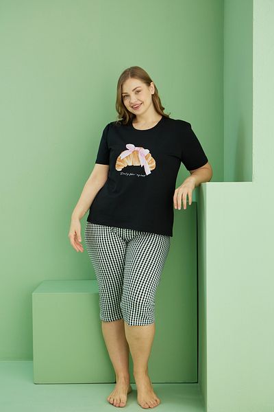 Siyah İnci Black Patterned Curve Plus Size Oversize Cotton Capri Suit 25112712