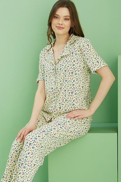 Siyah İnci Yellow Patterned Bürümcük Krınkıl Fabric Knitted Buttoned Pajama Set 25118565