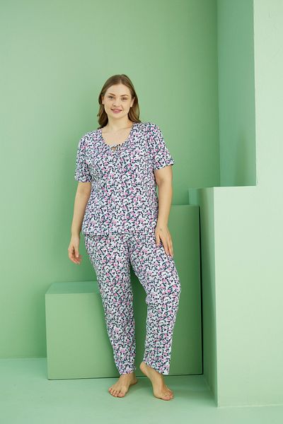 Siyah İnci Patterned Curve Plus Size Oversize Cotton Pajama Set 25113760