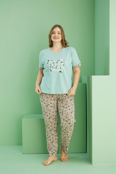 Siyah İnci Green Patterned Curve Plus Size Oversize Cotton Pajama Suit 25113756