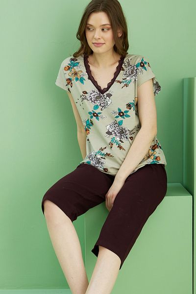Siyah İnci Patterned V-Neck Knitted Cotton Capri Suit 25112239