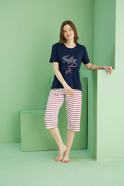 Siyah İnci Navy Blue Patterned Crew Neck Knitted Cotton Capri Suit 25112228
