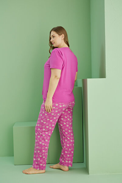 Siyah İnci pembe desenli Curve Büyük Beden Battal Boy Pamuklu Pijama Takım25113788