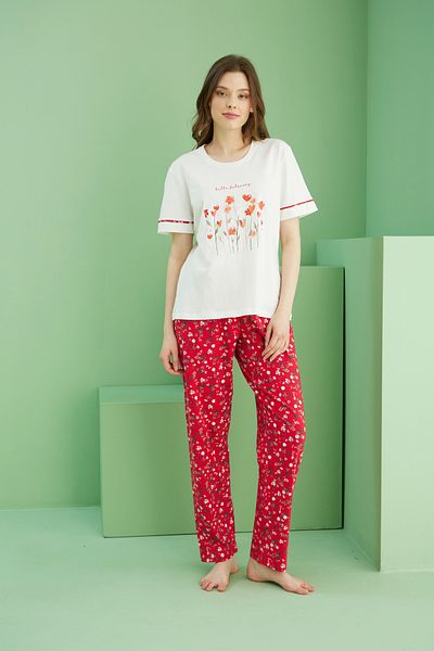 Siyah İnci Ecru Patterned Crew Neck Knitted Cotton Pajama Set 25113270