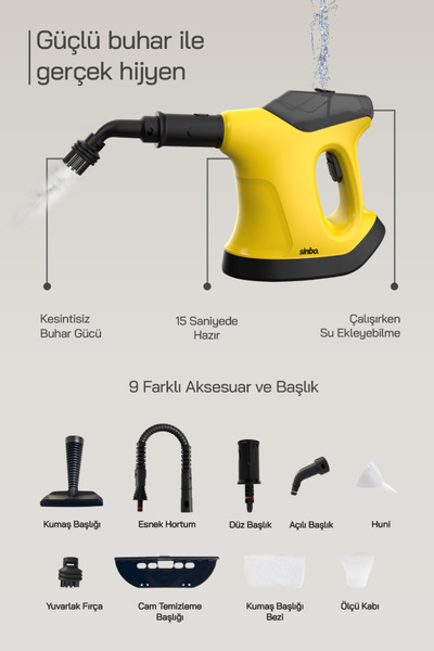 Sinbo SSC-6424 9 in1 Çok Fonksiyonlu El Tipi Basınçlı Buharlı Temizlik Makinesi-Kesintisiz Buhar Özellikli