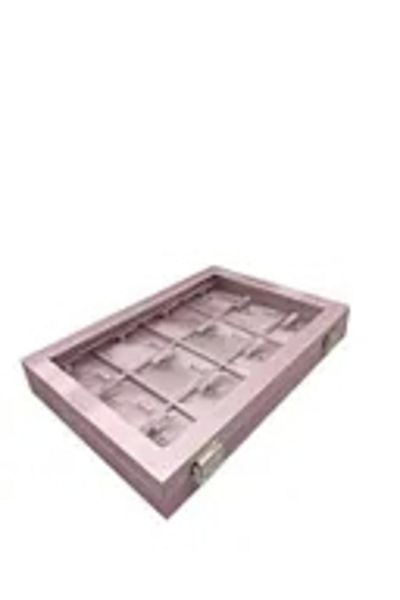 MeGass Dekor New Glass Covered Imera Leather Fabric Pink Color 34 cm / 24 cm Triple Set Table