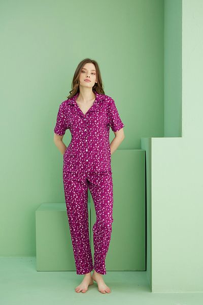 Siyah İnci Cherry Patterned Pajama Set - Bürümcek Krınkar Fabric Buttoned
