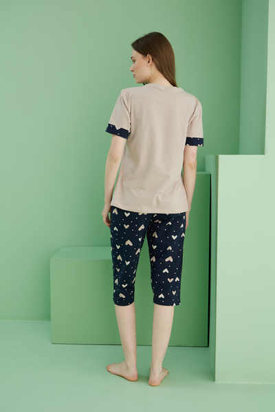 Siyah İnci Mink Patterned Crew Neck Knitted Cotton Capri Suit 25112186