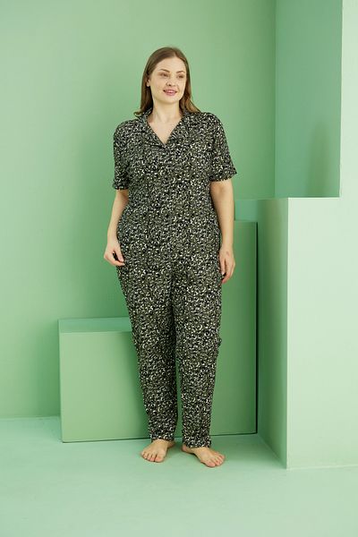 Siyah İnci Mustache Patterned Pajama Set Large Size Khaki Buttoned Curly Boy Bastı