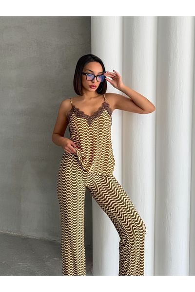 Look Forward Women's Patterned Yellow Brown Lace Tank Top Wide Leg Elastic Waist Pantalon Set