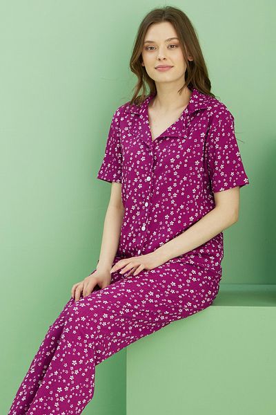 Siyah İnci Cherry Patterned Pajama Set - Bürümcek Krınkar Fabric Buttoned