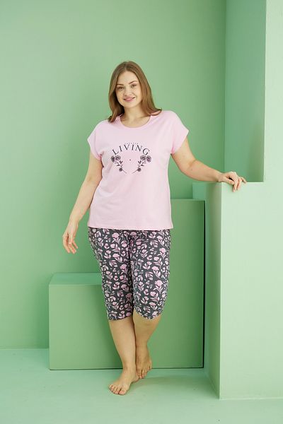 Siyah İnci Pink Patterned Curve Plus Size Oversize Cotton Capri Suit 25112773