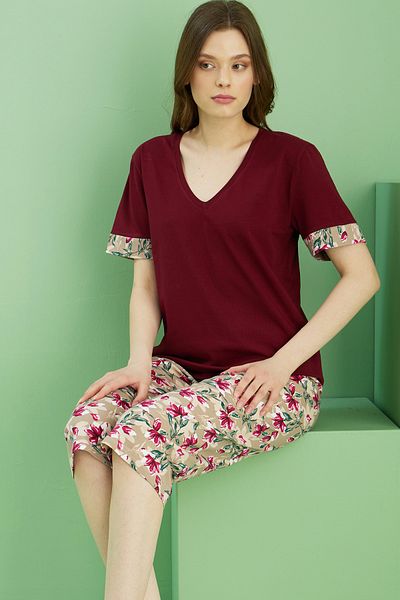 Siyah İnci Costum Capri din bumbac tricotat cu decolteu roșu cu imprimeu visiniu 25112226