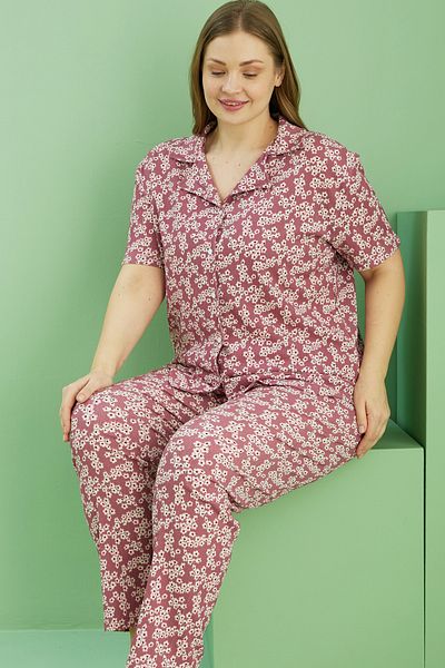 Siyah İnci Dried Rose Pattern Spider Pajamas Large Size Set