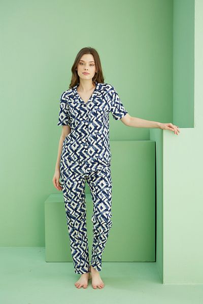 Siyah İnci Navy Blue Patterned Pajama Set 25118552   Bürümçük Krınquir Fabric Buttoned