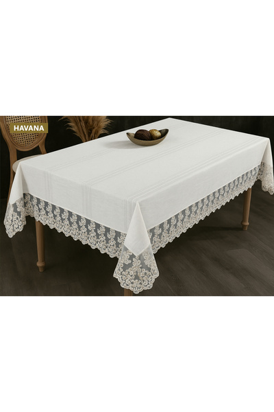 Sivalde مفرش طاولة طعام من قماش هافانا كريمي مخطط بنمط دانتيل ذهبي مفصل من قم...