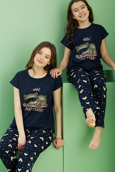 Siyah İnci Navy Blue Patterned Cotton Crew Neck Knitted Pajama Set 25117072