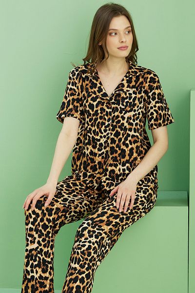 Siyah İnci Leopard Pattern Twist Pajama Set 25118562
