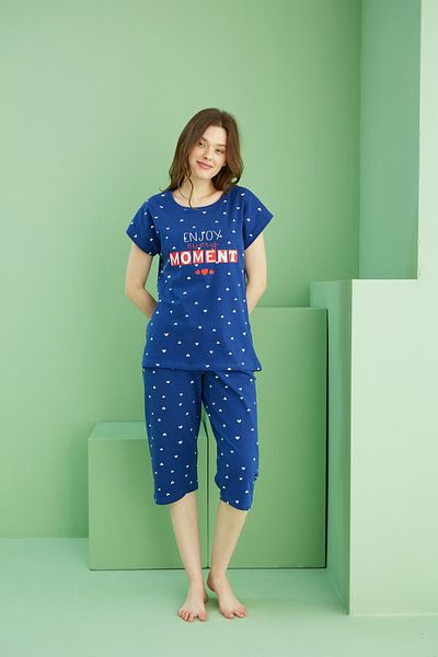 Siyah İnci Navy Blue Patterned Crew Neck Cotton Knitted Capri Suit 25112182