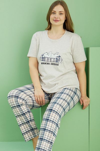 Siyah İnci Beige Melange Patterned Curve Plus Size Oversize Cotton Pajama Set 25113745