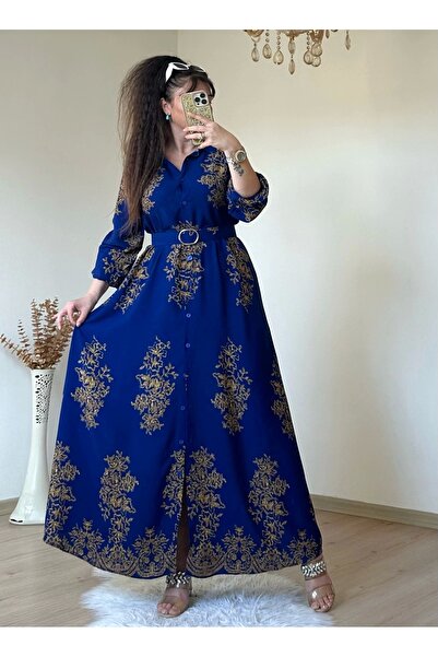 AZRA BUTİK Blue Authentic Pattern Shirt Dress