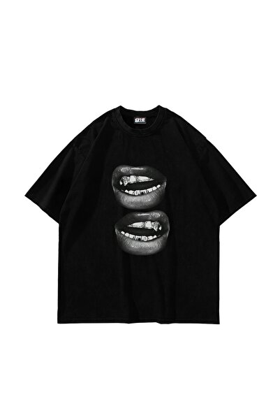 Bak Moda Tricou negru unisex oversize cu imprimeu cu dinți de buze