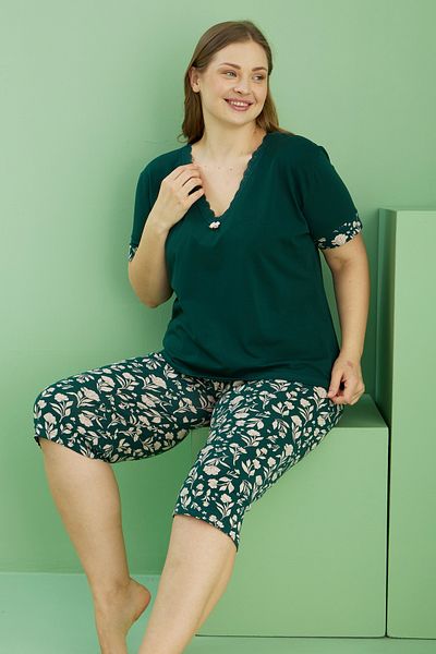 Siyah İnci Green Patterned Curve Plus Size Oversize Cotton Capri Suit 25112777