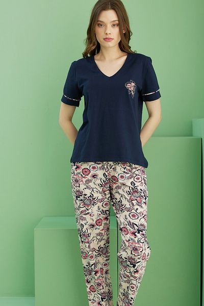 Siyah İnci Navy Blue Patterned V-Neck Knitted Cotton Pajamas Suit 25113269
