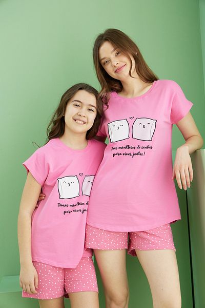 Siyah İnci Σετ πλεκτό σορτς με ροζ στάμπα Cotton Crew Neck 25115036