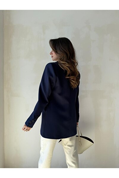 Genel Markalar Kadın Lacivert Atlas Tek Düğme Blazer Ceket