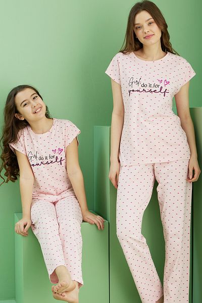 Siyah İnci Pink Patterned Cotton Crew Neck Knitted Pajama Set 25117081