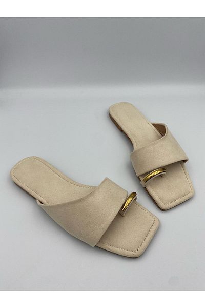Ömer Ediz Shoes MOSCOW Γυναικείες σουέτ σαγιονάρες Flat παντόφλες – Άνετες καθημερινές καλοκαιρινές παντόφλες με χρυσά αξεσουάρ