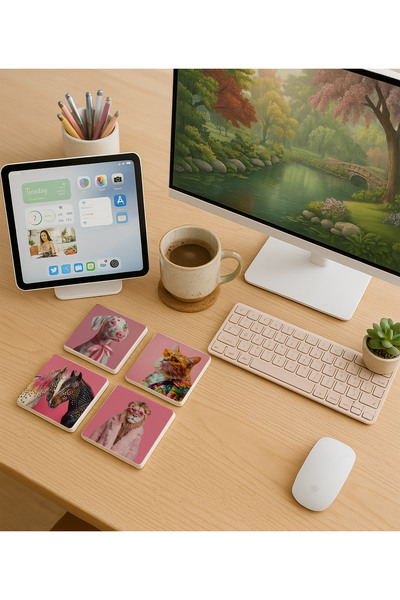 arslart Fun Animal Illustration Natural Stone Coaster with Pink Background Se...