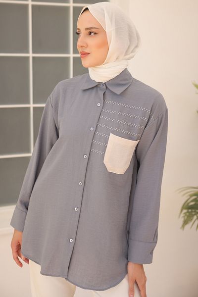 giyze Embroidery Detailed Pocketed Shirt Gray 2061