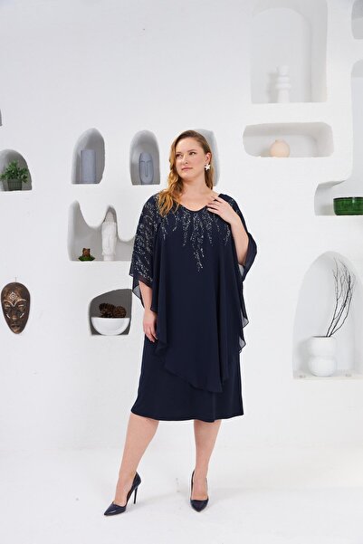 RMG Taş İşlemeli Büyük Beden Abiye Elbise Lacivert