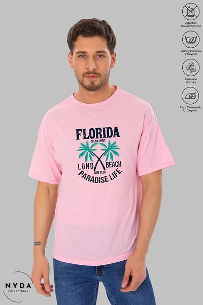 Nyda Collections Unisex Crew Neck Florida εμπριμέ βαμβακερό μπλουζάκι με κοντό μανίκι