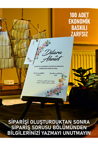 elçinbirlik Düğün Nişan Ipli Zarfsız Ekonomik Davetiye 100 Adet Baskılı B102