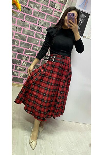 EGELİMODA Kemerli Midi Boy Kloş Ekose Etek