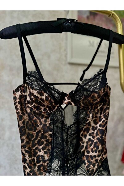 La Linaa Ολόσωμο κορμάκι με σατέν δαντέλα Leopard με διάφανο εσωτερικό