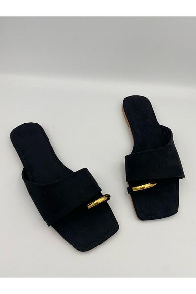 Ömer Ediz Shoes Moscow Women's Suede Flat Flip Flops – Comfortable Daily Summer Slippers with Gold Accessories
