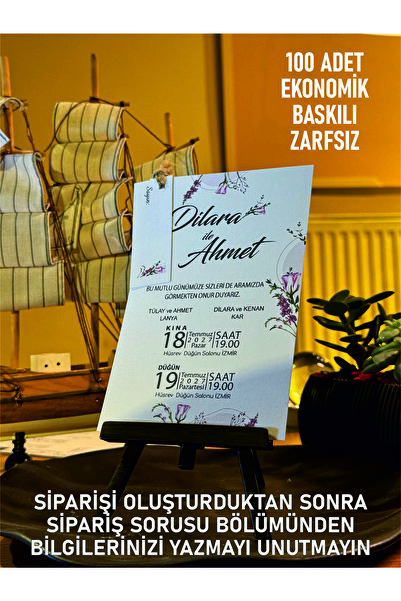 elçinbirlik Düğün Nişan Ipli Zarfsız Ekonomik Davetiye 100 Adet Baskılı B106
