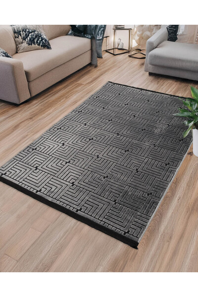 Saray Life Dekoratif Pamuklu Halı Kaydırmaz Dokuma Taban Bianca Siyah Salon Oturma Odası Koridor Yatak Odası