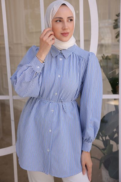 giyze Beli Rope Detailed Striped Shirt Blue 2093-1