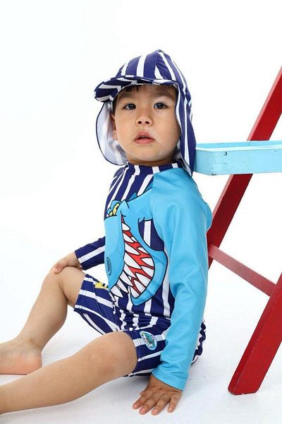 Liyavera 2-10 Years Old Boys' Zippered Swimsuit - Boys' Long Sleeve Hat Swimsuit