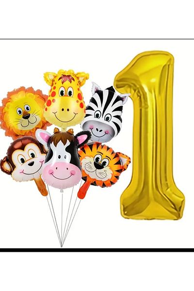 Çemrek Süs Parti Safari Concept Set of 6 Animal Heads and Gold Numeral Foil Balloons