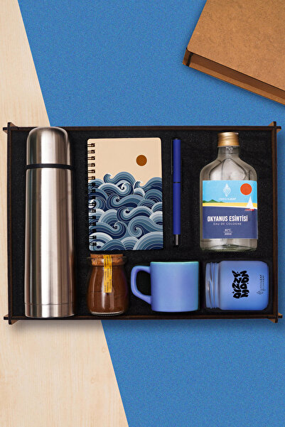 TrendHediye Ahşap Kutulu Premium Hediye Seti, Çelik Termos, Defter, Kalem, Fi...