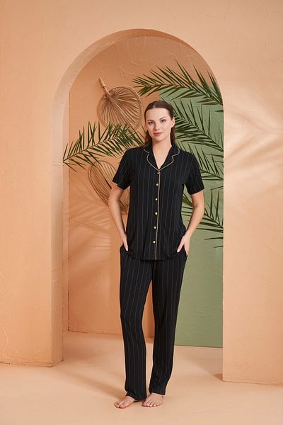 PJS 27042 Women's Short Sleeve Striped Front Button Pajama Set