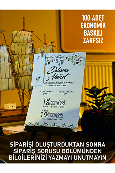 elçinbirlik Düğün Nişan Ipli Zarfsız Ekonomik Davetiye 100 Adet Baskılı B110