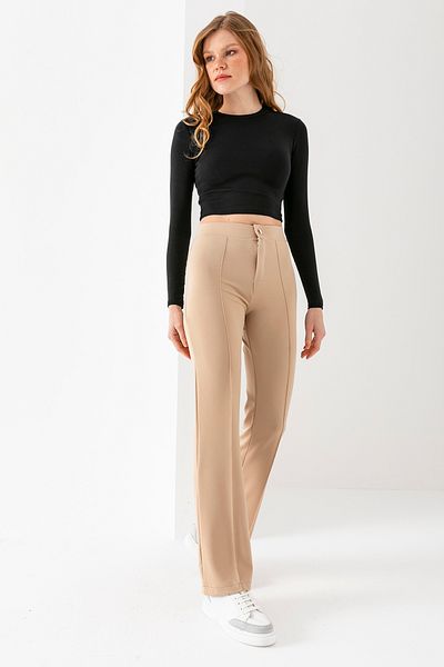 EtkiModa Women's Beige Front Stripe Detailed Spanish Leg Crepe Trousers